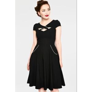 VOODOO VIXEN | Connie Black Piped Cutout Neck Retro Fit and Flare Dress | Small